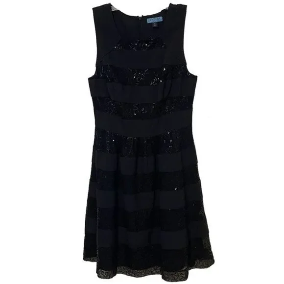 Cynthia Rowley Black Sequin Striped Cocktail Dress Womens Size 4 Sleeveless LBD - Picture 3 of 13